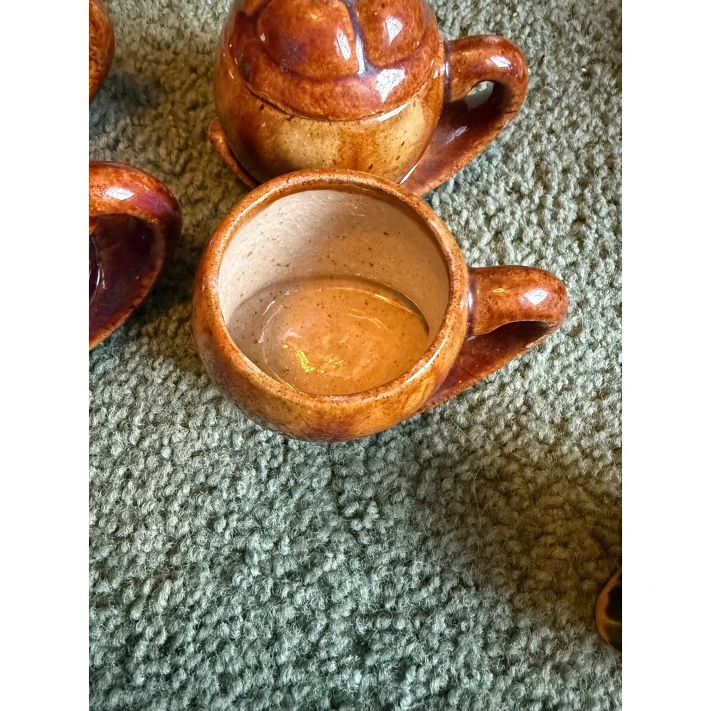 Vintage Brown Drip Glaze Pumpkin Tea Set Teapot and 4 Lidded Cups Fall Decor